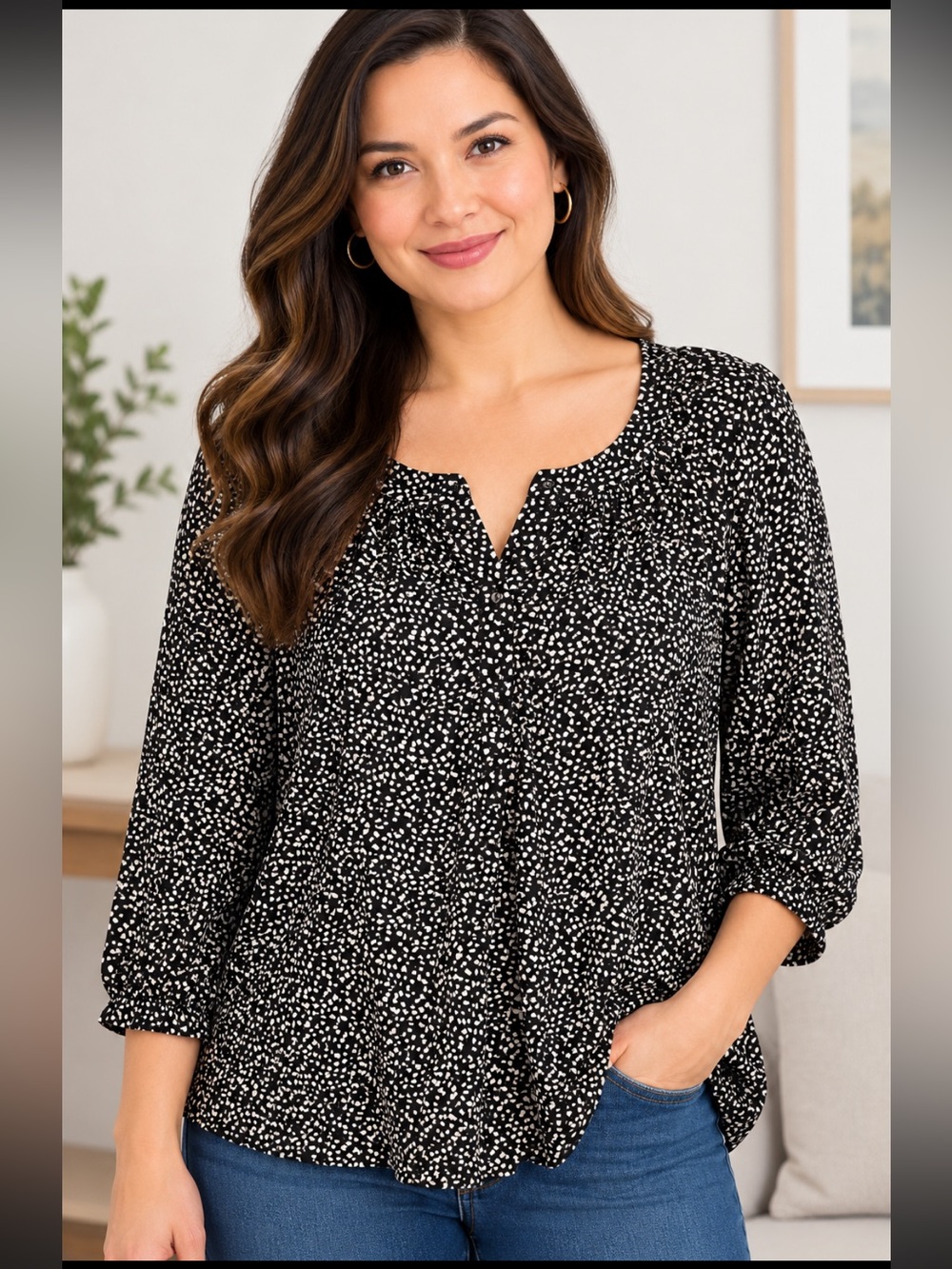 Jachs Girlfriend Black & White Dot V-Neck Button Down Top XL